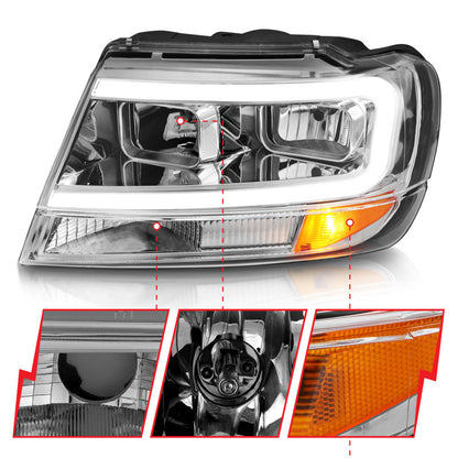 ANZO 1999-2004 Jeep Grand Cherokee Crystal Headlights w/ Light Bar Chrome Housing