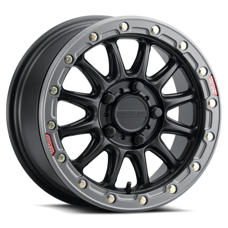 Raceline A14BG Alpha 15x7in/5x114.3 BP/53mm Offset/68mm Bore - Black & Gunmetal Ring Beadlock Wheel