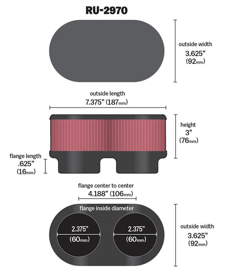 K&N Filter Universal  Filter 2 3/8 inch Dual Flange 107mm C-C 3 inch Height