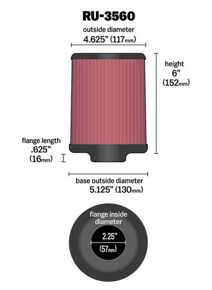 K&N Universal Rubber Filter 2-1/4in FLG x 5-1/8in Base x 4-5/8in Top x 6in Height