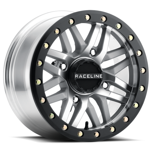 Raceline A91MA Ryno 15x10in/4x156 BP/0mm Offset/132.5mm Bore - Machined & Black Ring Beadlock Wheel