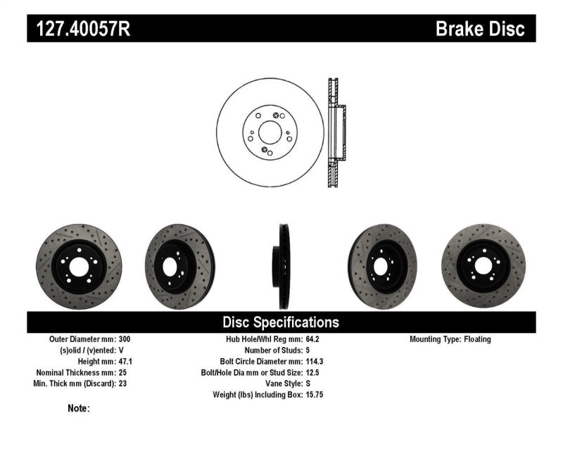 StopTech 02-06 Acura RSX Type S / 06-09 Honda Civic Si Slotted & Drilled Right Front Rotor