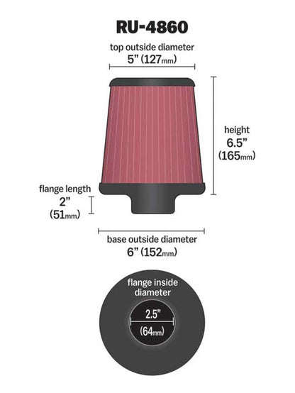 K&N Filter Universal Rubber Filter 2 1/2 inch Flange 6 inch Base 5 inch Top 6 1/2 inch Height