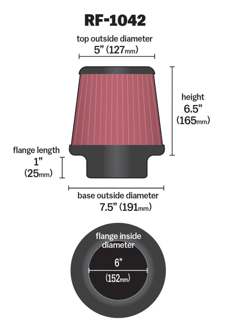 K&N Round Tapered Universal Air Filter 6in Flange ID x 7.5in Base OD x 5in Top OD x 6.5in Height