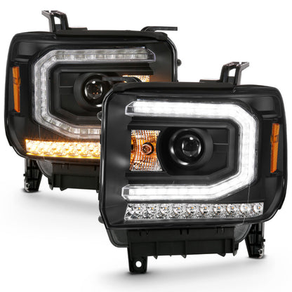 ANZO 2016-2019 Gmc Sierra 1500 Projector Headlight Plank Style Black w/ Sequential Amber Signal