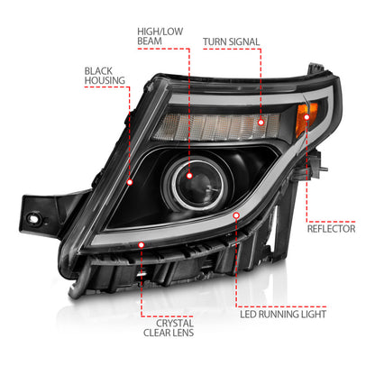 ANZO 11-15 Ford Explorer (w/Factory Halogen HL Only) Projector Headlights w/Light Bar Black Housing