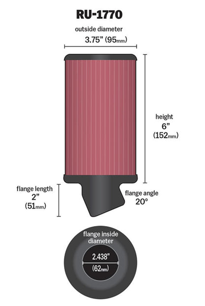 K&N Filter Universal Rubber Filter 2 7/16 inch 20 Degree Flange 3 3/4 inch OD 6 inch Height