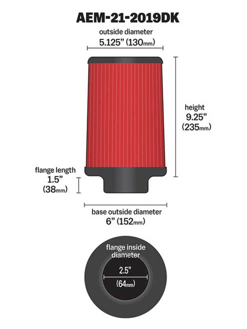 AEM DryFlow Air Filter AIR FILTER KIT 2.5in X 9in DRYFLOW