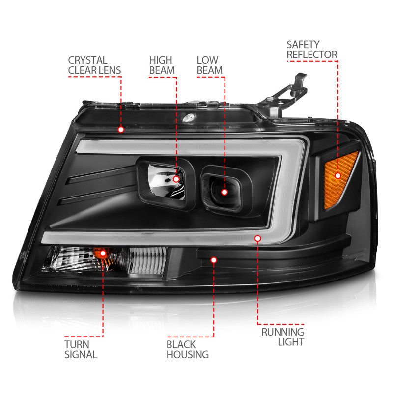 ANZO 2004-2008 Ford  F-150 Projector Headlights w/ Light Bar Black Housing